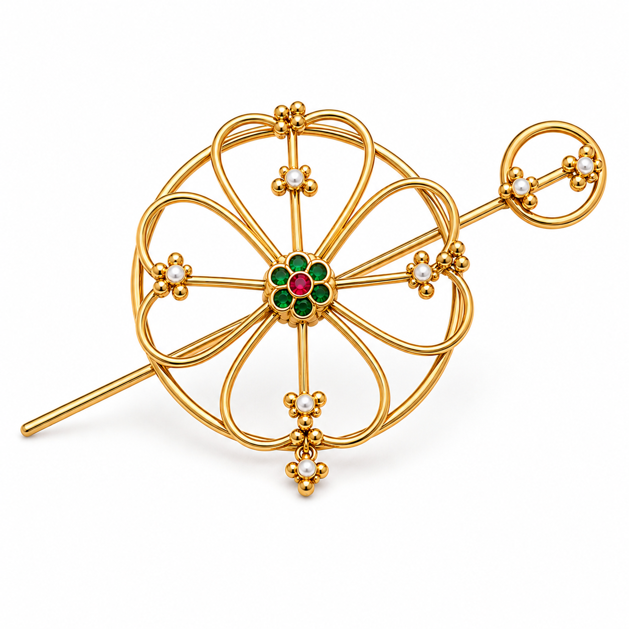 Gold Floral Hair Bun Cage with Gems ✨ Ruby Green Crystal Hair Stick Pin ✨Bridal Updo Holder ✨ Unique Gift for Her