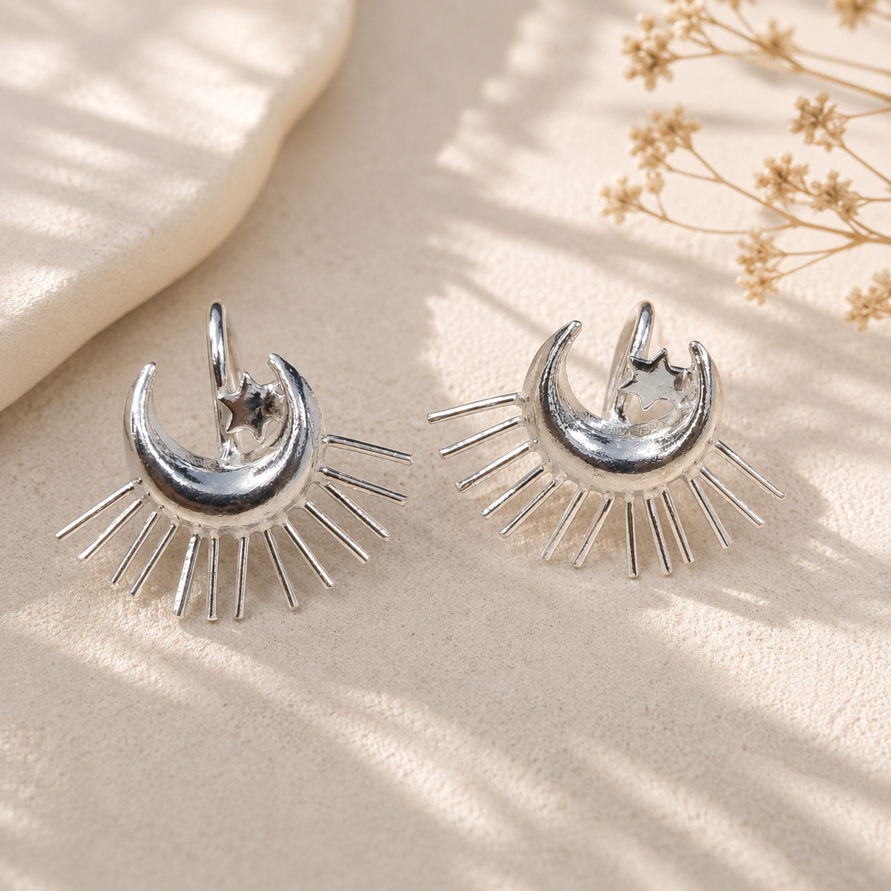 Gold Crescent Moon & Sunburst Ear Cuff • Celestial Non-Pierced Earring Set