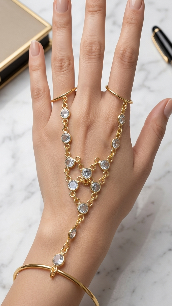Gold Hand Harness Bracelet Ring | Boho Hand Chain Jewelry|Bridal Handpiece|Adjustable Brass Hand Accessory
