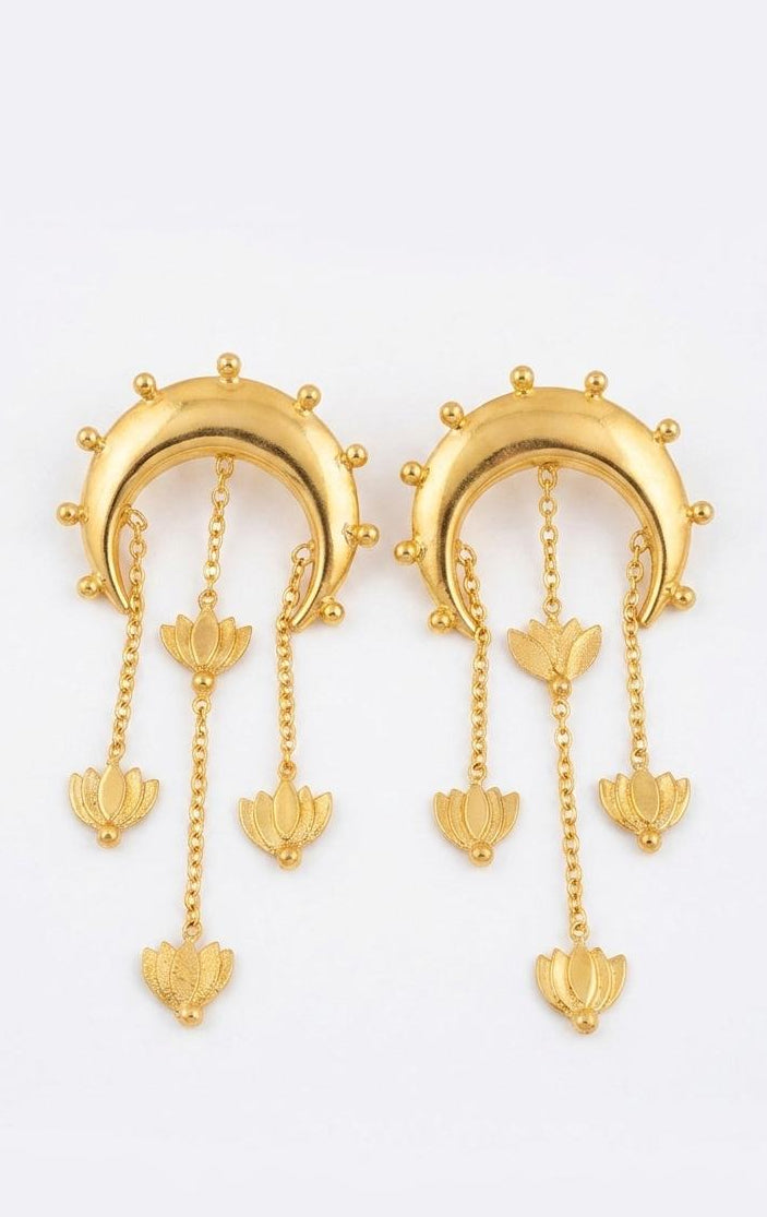 Gold Lotus Chandelier Earrings ๐ผ | Boho Crescent Moon Dangle Earrings โจ | Statement Ethnic Jewelry, Festival & Party Wear