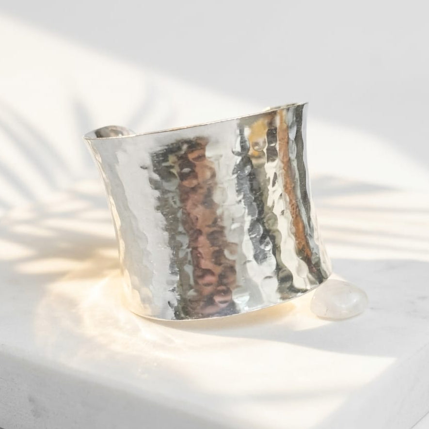 Hammered Silver Cuff Bracelet • Wide Textured Metal Bangle • Adjustable