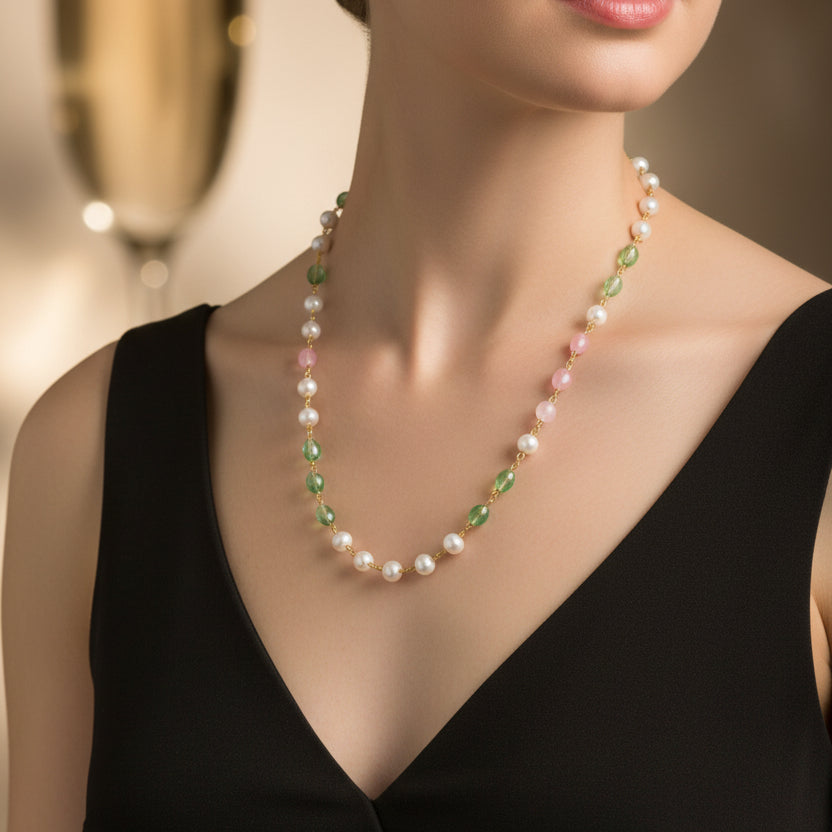 Pastel Pearl & Gemstone Beaded Neckpiece – Long Multicolored Statement Mala Necklace