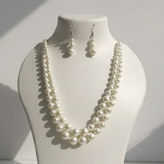 Classic Double Strand Pearl Necklace & Graduated Drop Earrings Set – Timeless Bridal Jewelry Ensemble