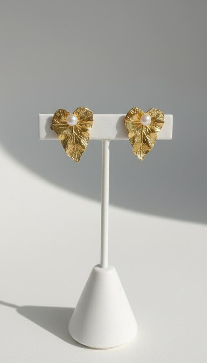 Gold Leaf Pearl Stud Earrings – Ornate Botanical Statement Jewelry for Her