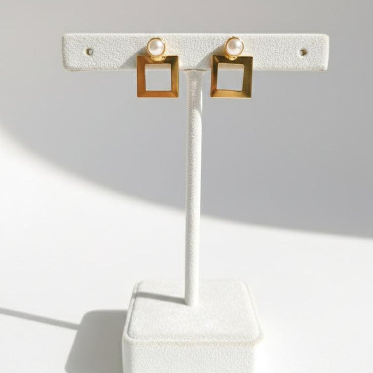 Gold Square Drop Earrings with Pearl Stud – Geometric Modern Minimalist Jewelry