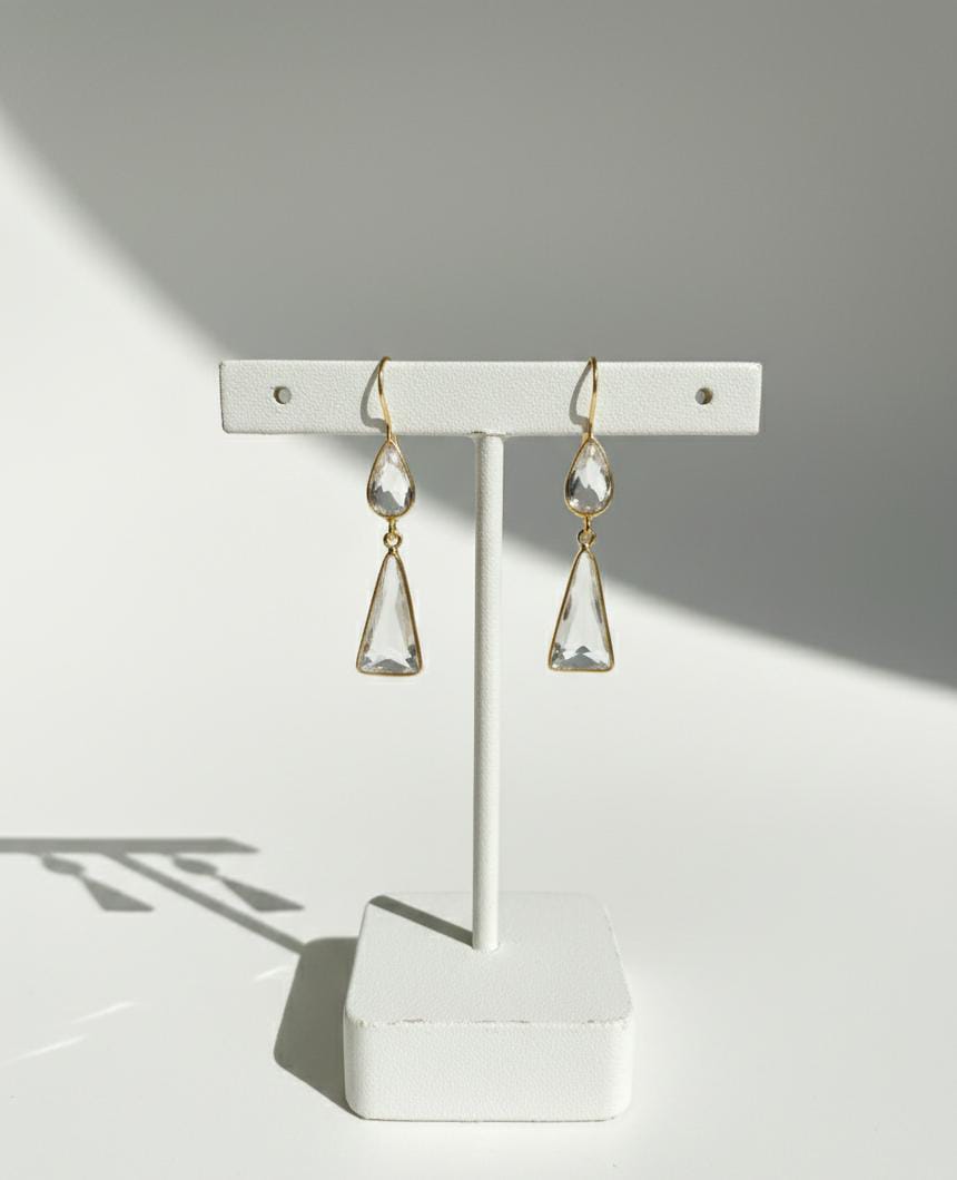 Minimalist Clear Crystal Drop Earrings – Gold-Tone Double Teardrop Dangle Jewelry