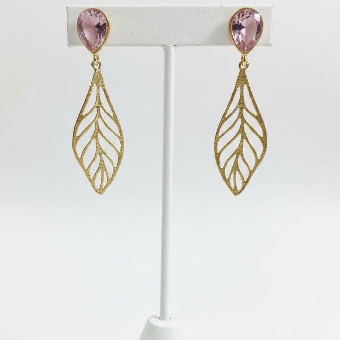 Teardrop Crystal & Gold Cutout Leaf Drop Earrings โ Botanical Boho Statement Dangle Jewelry