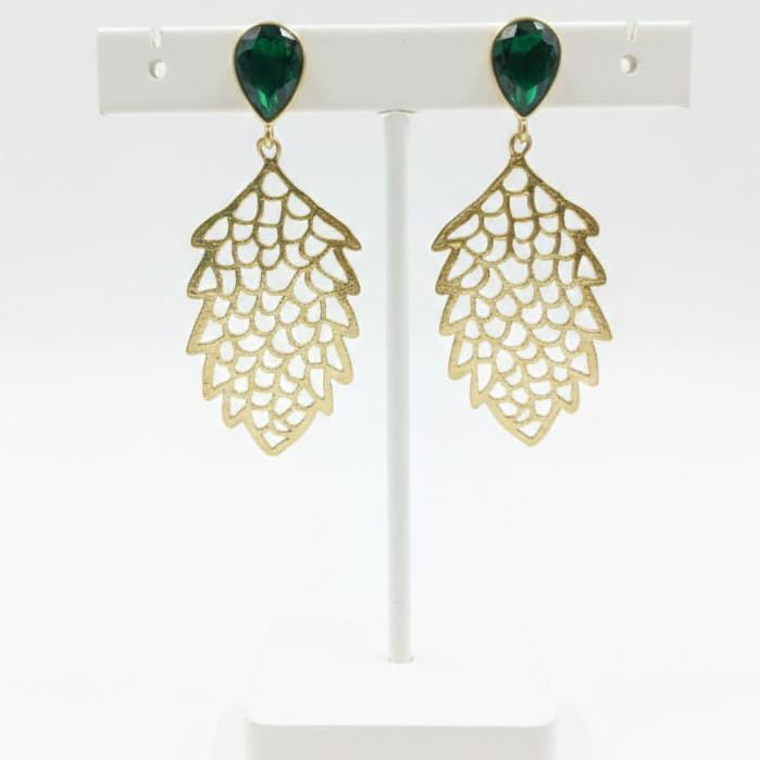 Crystal & Gold Filigree Leaf Drop Earrings – Artisan Botanical Statement Jewelry