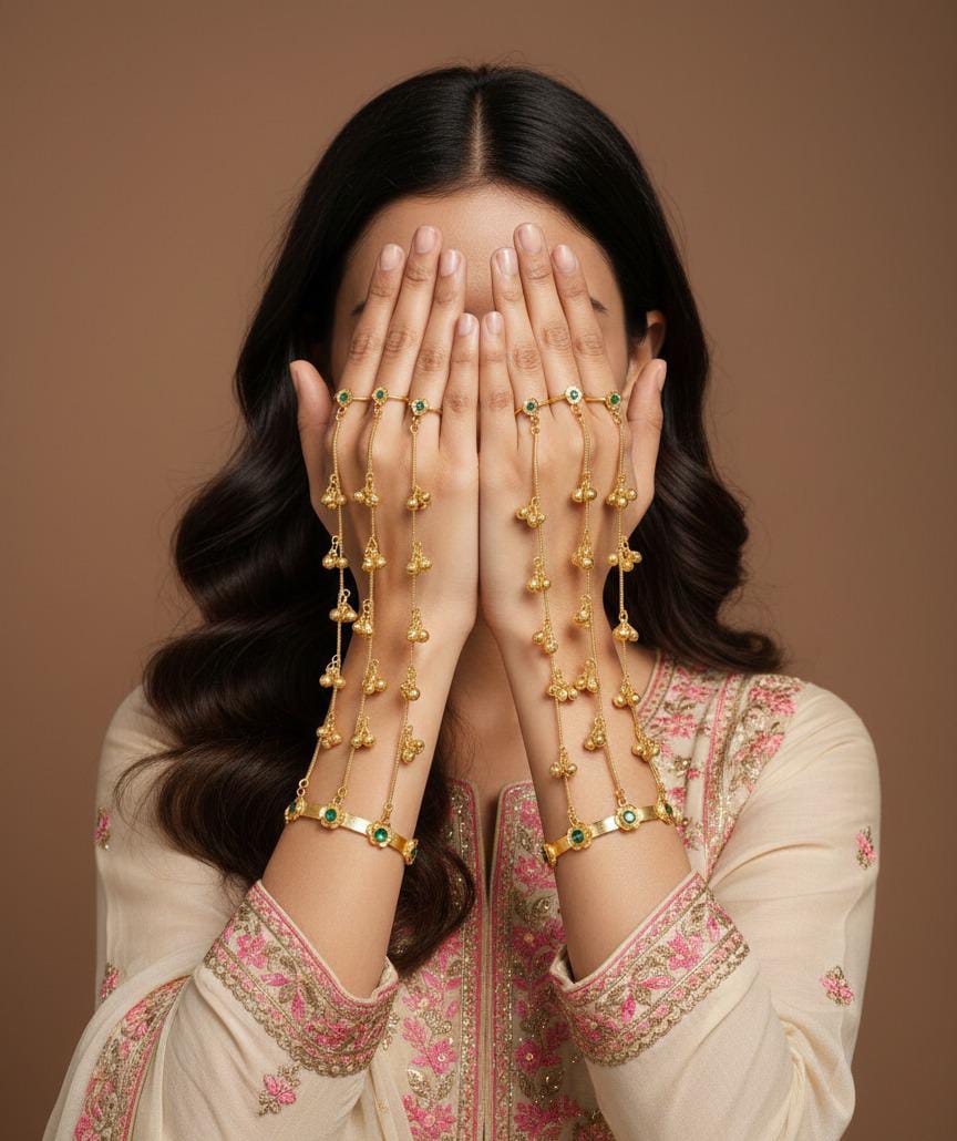 Emerald Green Gemstone Gold Haathphool – Traditional Slave Bracelet & Ethnic Hand Harness