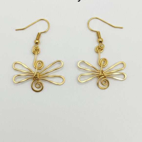 Wire Wrapped Dragonfly Dangle Earrings – Handmade Gold-Tone Nature Statement Jewelry