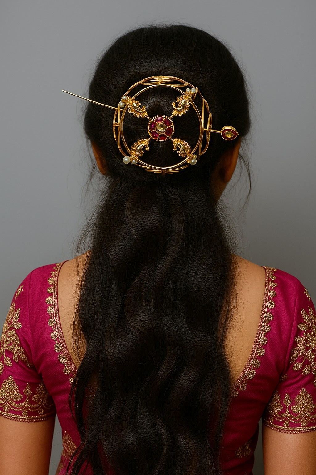 Gold Plated Hair Bun & Stick with Red Kundan & Pearls