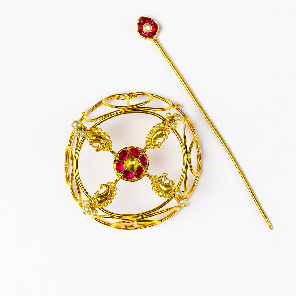 Gold Plated Hair Bun & Stick with Red Kundan & Pearls