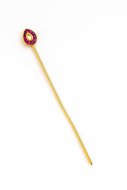 Gold Plated Hair Bun & Stick with Red Kundan & Pearls
