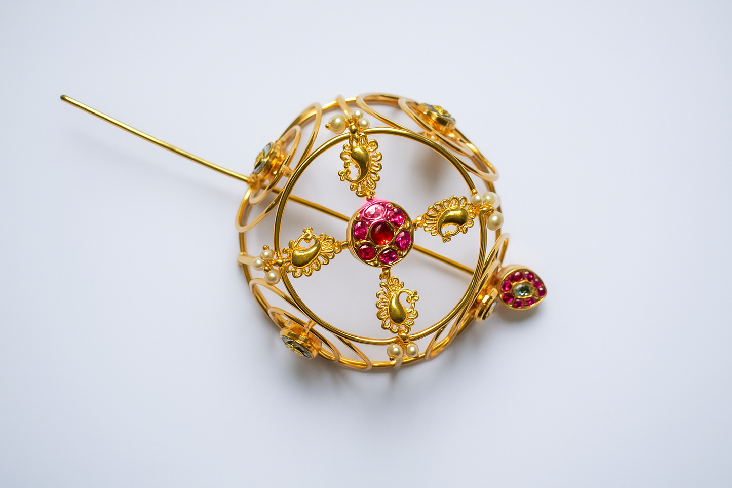 Gold Plated Hair Bun & Stick with Red Kundan & Pearls