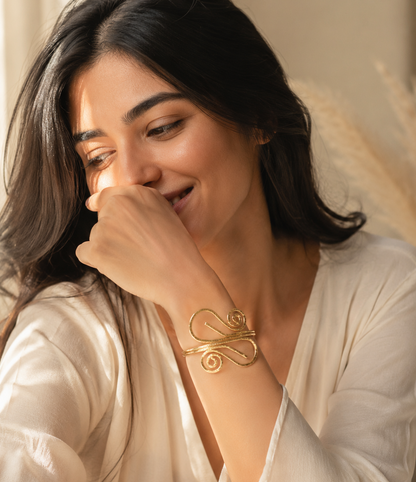 Abstract Spiral Gold Cuff Bracelet – Artisanal Wire Wrapped Statement Bangle