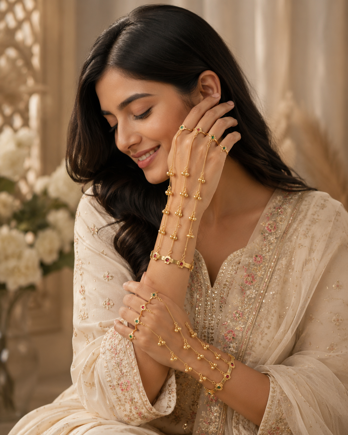 Multicolored Gemstone Gold Haathphool – Traditional Slave Bracelet & Ethnic Hand Harness