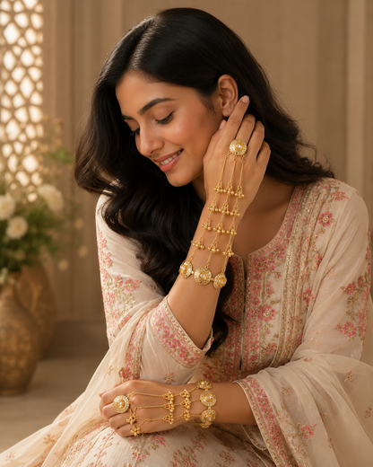 Gold Polki & Pearl Haathphool – Traditional Slave Bracelet & Ethnic Hand Harness