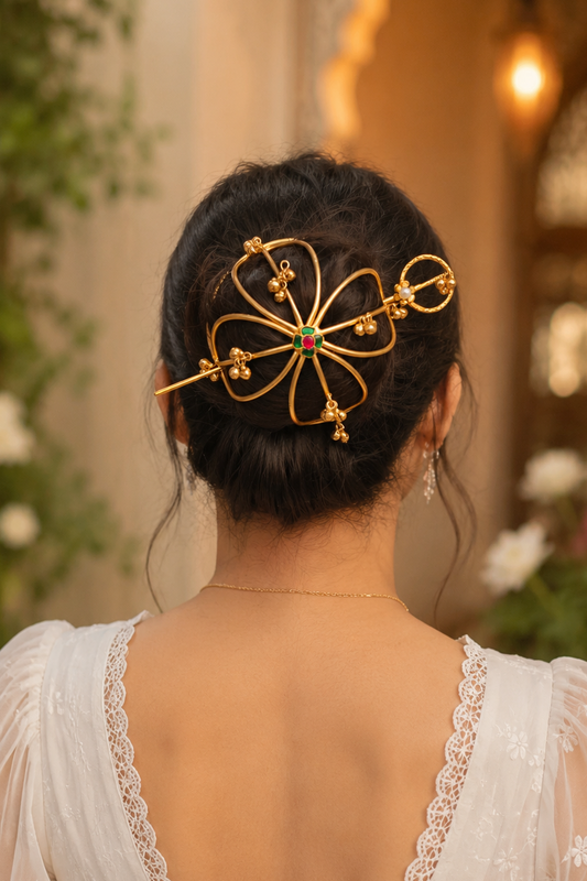 Gold Floral Hair Bun Cage with Gems ✨ Ruby Green Crystal Hair Stick Pin ✨Bridal Updo Holder ✨ Unique Gift for Her