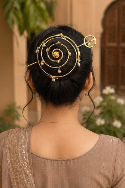 Gold Spiral Hair Bun Cage with Pearls ✨ Celestial Hair Stick Pin ✨ Unique Gift for Her