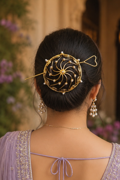 Gold Sunburst Hair Bun Cage with Pearls ✨ Heart Hair Stick Pin ✨Wedding Updo Holder ✨ Unique Gift for Her