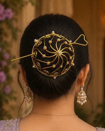 Gold Sunburst Hair Bun Cage with Pearls ✨ Heart Hair Stick Pin ✨Wedding Updo Holder ✨ Unique Gift for Her