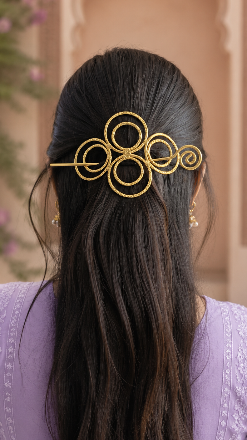Gold Geometric Hair Slide – Hammered Interlocking Circle Hair Pin – Minimalist Boho Barrette