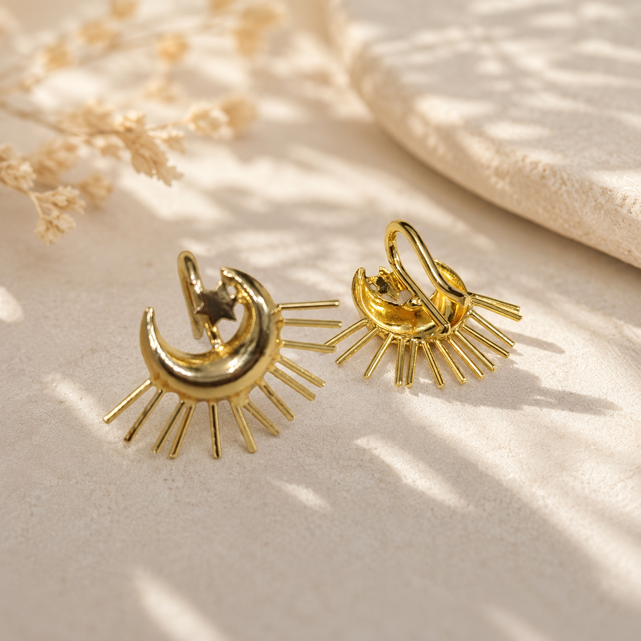 Gold Crescent Moon & Sunburst Ear Cuff • Celestial Non-Pierced Earring Set