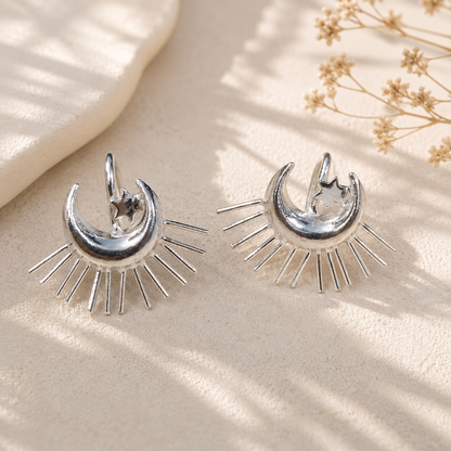 Gold Crescent Moon & Sunburst Ear Cuff • Celestial Non-Pierced Earring Set