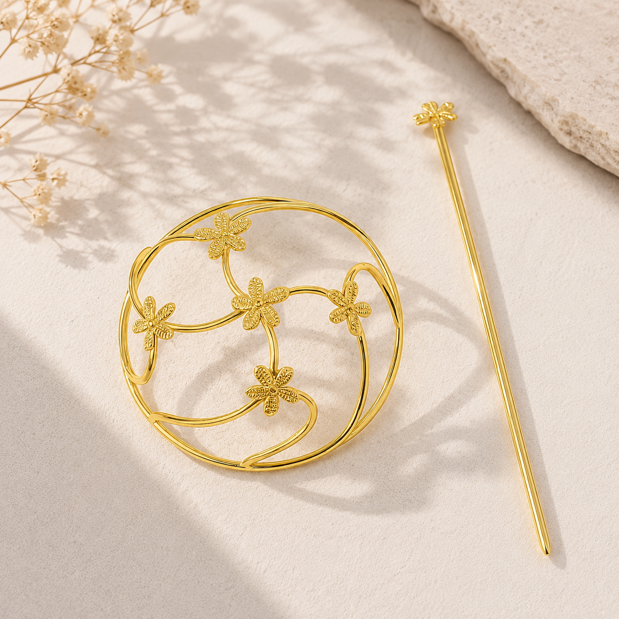 Gold Floral Hair Bun Cage • Minimalist Flower Hair Stick & Slide