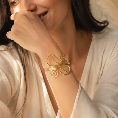Abstract Spiral Gold Cuff Bracelet – Artisanal Wire Wrapped Statement Bangle