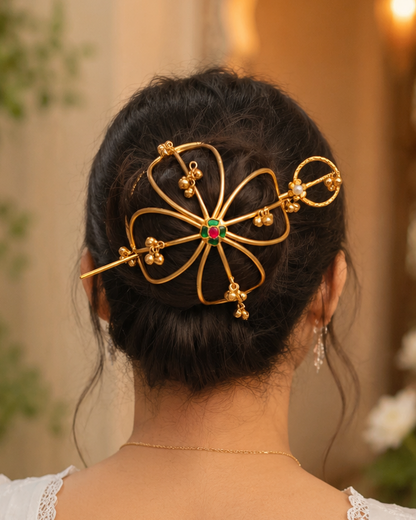 Gold Floral Hair Bun Cage with Gems ✨ Ruby Green Crystal Hair Stick Pin ✨Bridal Updo Holder ✨ Unique Gift for Her