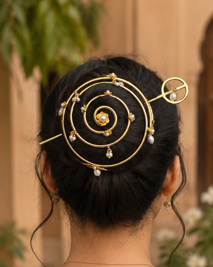 Gold Spiral Hair Bun Cage with Pearls ✨ Celestial Hair Stick Pin ✨ Unique Gift for Her