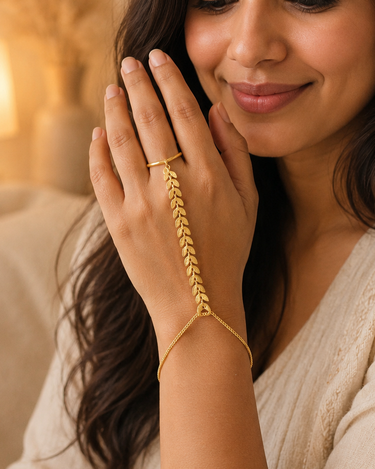 Leaf Hand Chain Bracelet • Finger Bracelet with Ring Adjustable