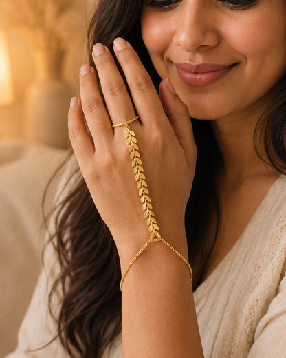 Leaf Hand Chain Bracelet • Finger Bracelet with Ring Adjustable