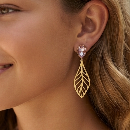 Teardrop Crystal & Gold Cutout Leaf Drop Earrings – Botanical Boho Statement Dangle Jewelry