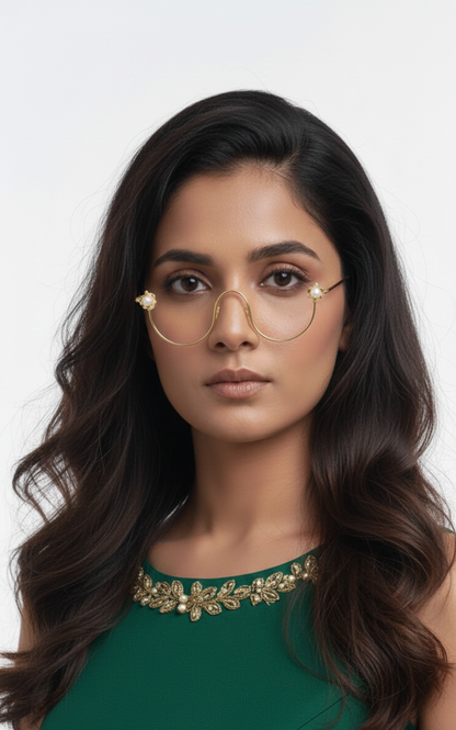 Gold Plated Flower Pearl Face Goggle for Women | Bridal Face Jewellery Frame | Fashion Wedding Festive Face Accessory