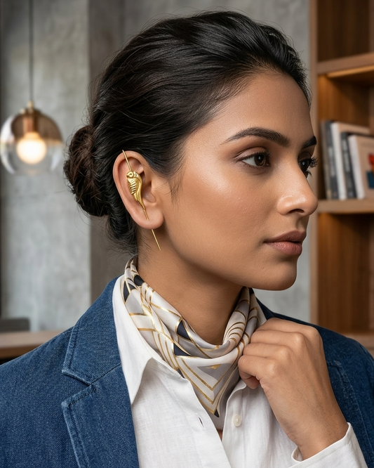 Golden Parrot Tropical Ear Cuffs | Minimalist Brass Ear Wrap | Elegant Non Pierced Ear Pin | Bridal Pearl Ear Jewelry