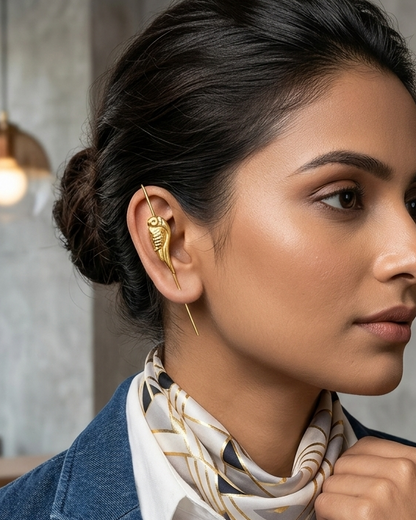 Golden Parrot Tropical Ear Cuffs | Minimalist Brass Ear Wrap | Elegant Non Pierced Ear Pin | Bridal Pearl Ear Jewelry
