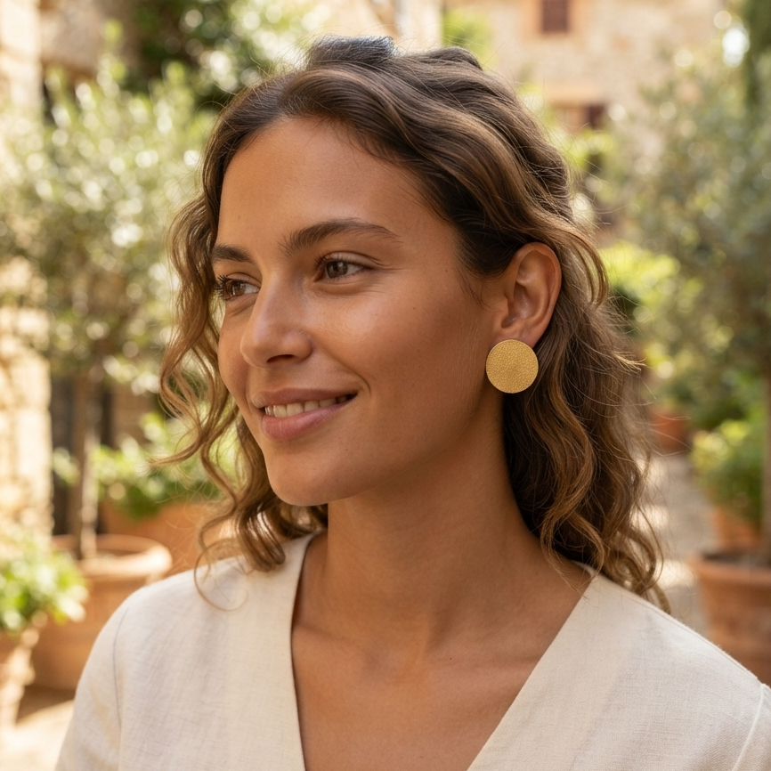 Minimalist Textured Gold Circle Studs – Large Brushed Disc Statement Earrings