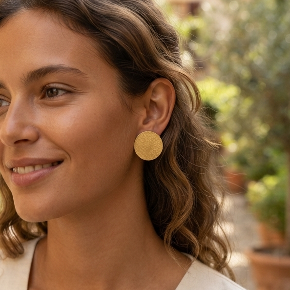 Minimalist Textured Gold Circle Studs – Large Brushed Disc Statement Earrings