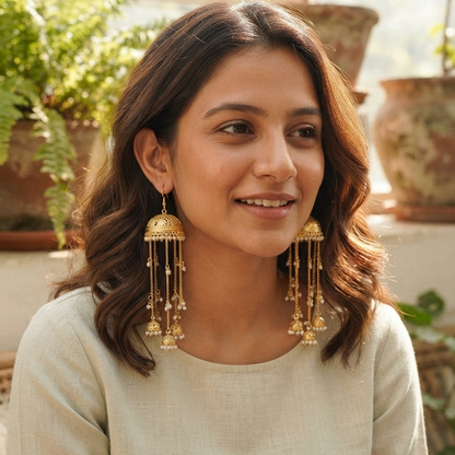 Gold Jhumka & Cascading Chain Dangle Earrings – Traditional Indian Ethnic Jhumki Jewelry