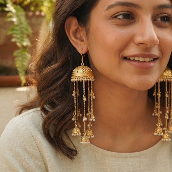 Gold Jhumka & Cascading Chain Dangle Earrings – Traditional Indian Ethnic Jhumki Jewelry