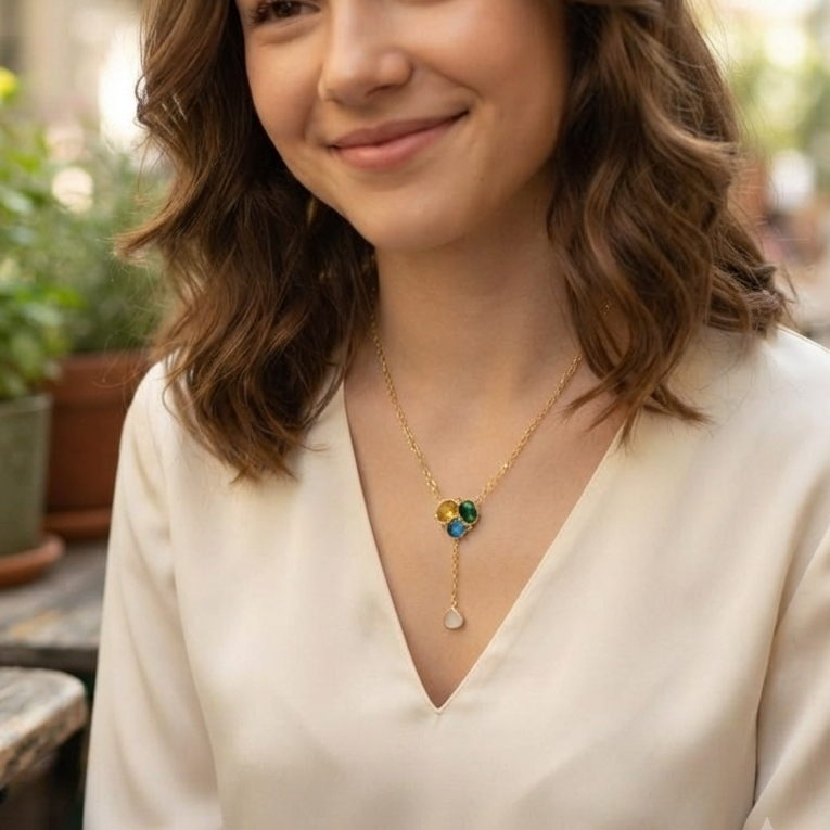 Multicolored Gemstone Drop Pendant Necklace – Gold Floral Cluster Y-Necklace