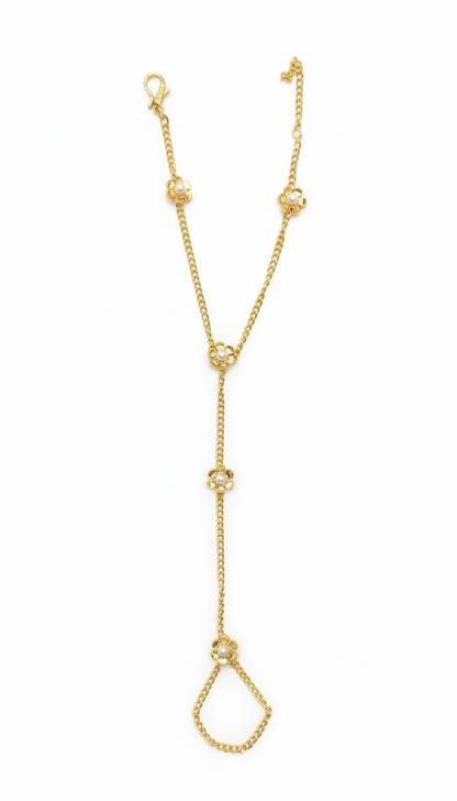 Gold-Plated Floral Hand Chain Bracelet with Pearl Accents