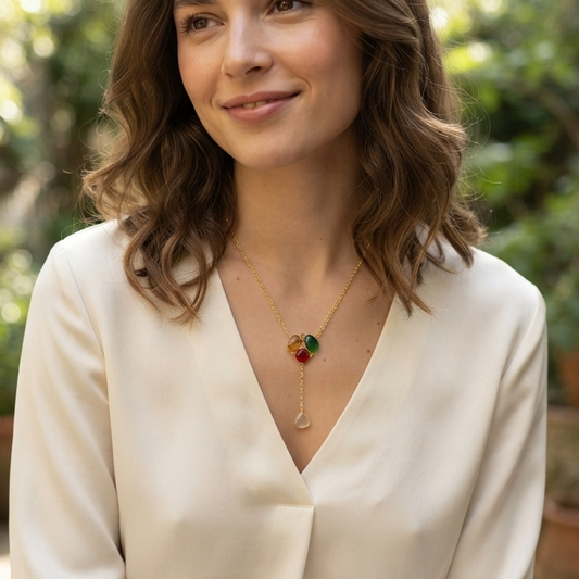 Multicolored Gemstone Drop Pendant Necklace – Gold Floral Cluster Y-Necklace