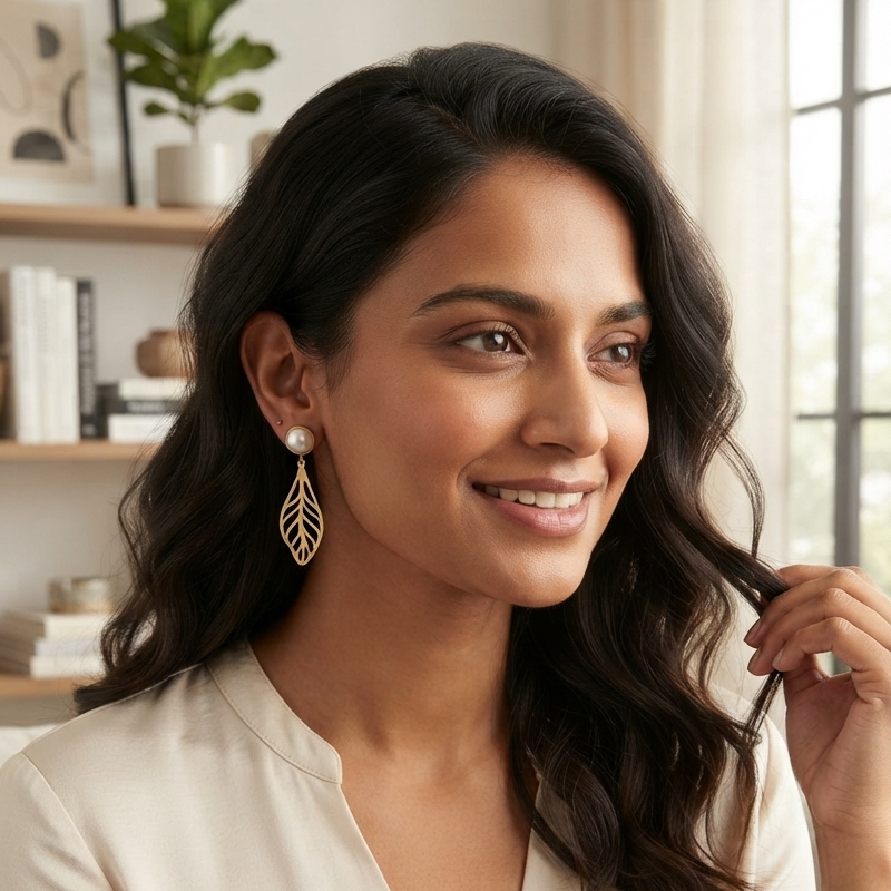Pearl & Gold Leaf Drop Earrings – Botanical Open-Work Dangle Jewelry