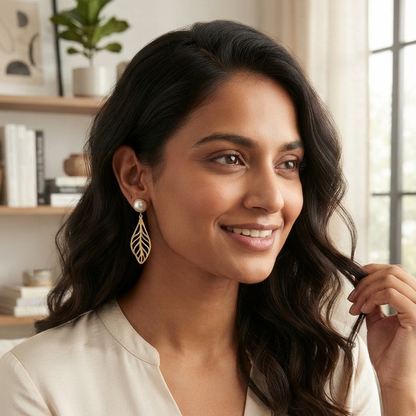 Pearl & Gold Leaf Drop Earrings – Botanical Open-Work Dangle Jewelry