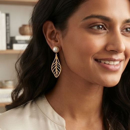 Pearl & Gold Leaf Drop Earrings – Botanical Open-Work Dangle Jewelry