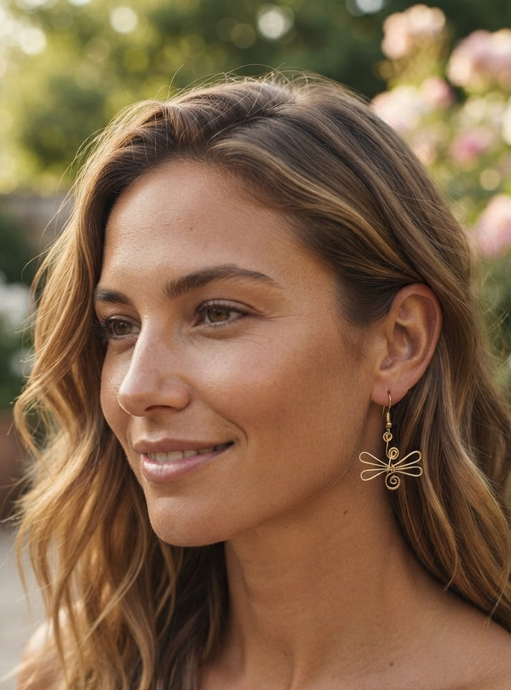 Wire Wrapped Dragonfly Dangle Earrings – Handmade Gold-Tone Nature Statement Jewelry