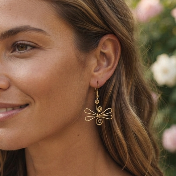 Wire Wrapped Dragonfly Dangle Earrings – Handmade Gold-Tone Nature Statement Jewelry